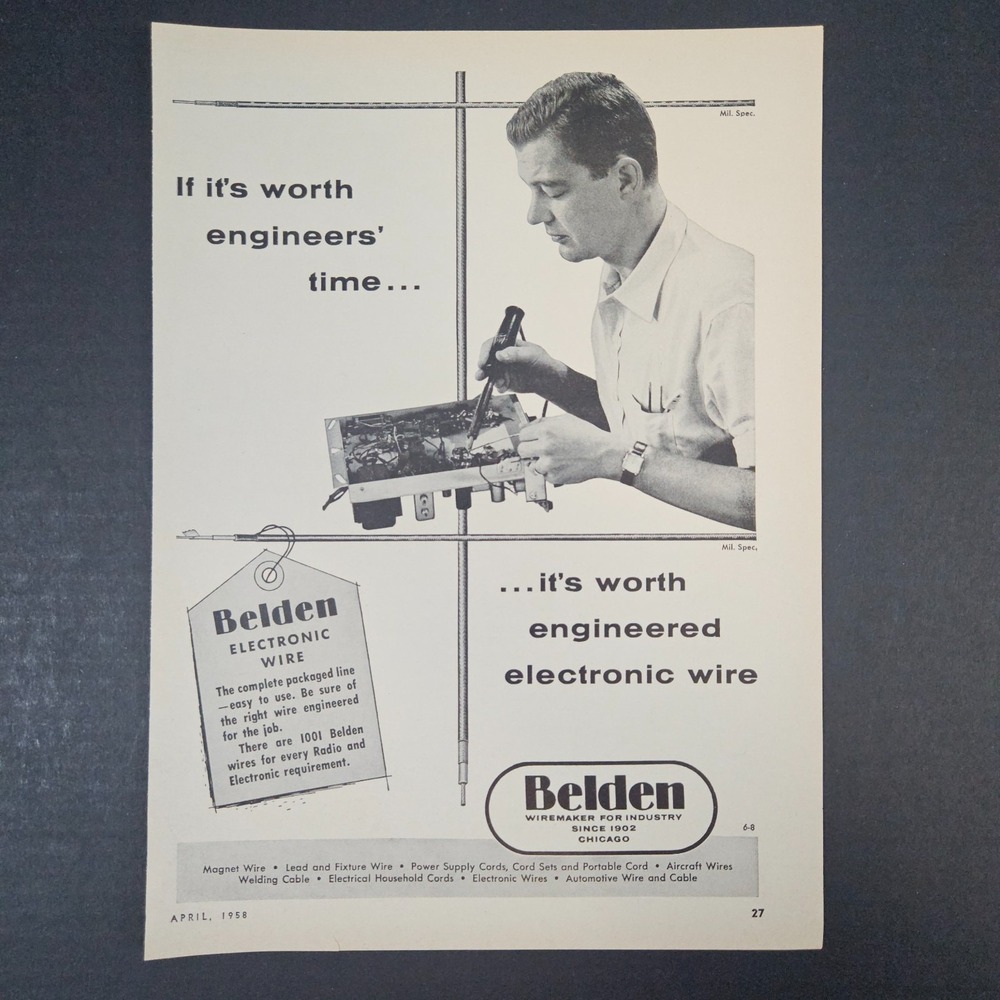 1958 Belden Electronic Wiremaker Industry Vintage Print Ad Engineer Mill Spec